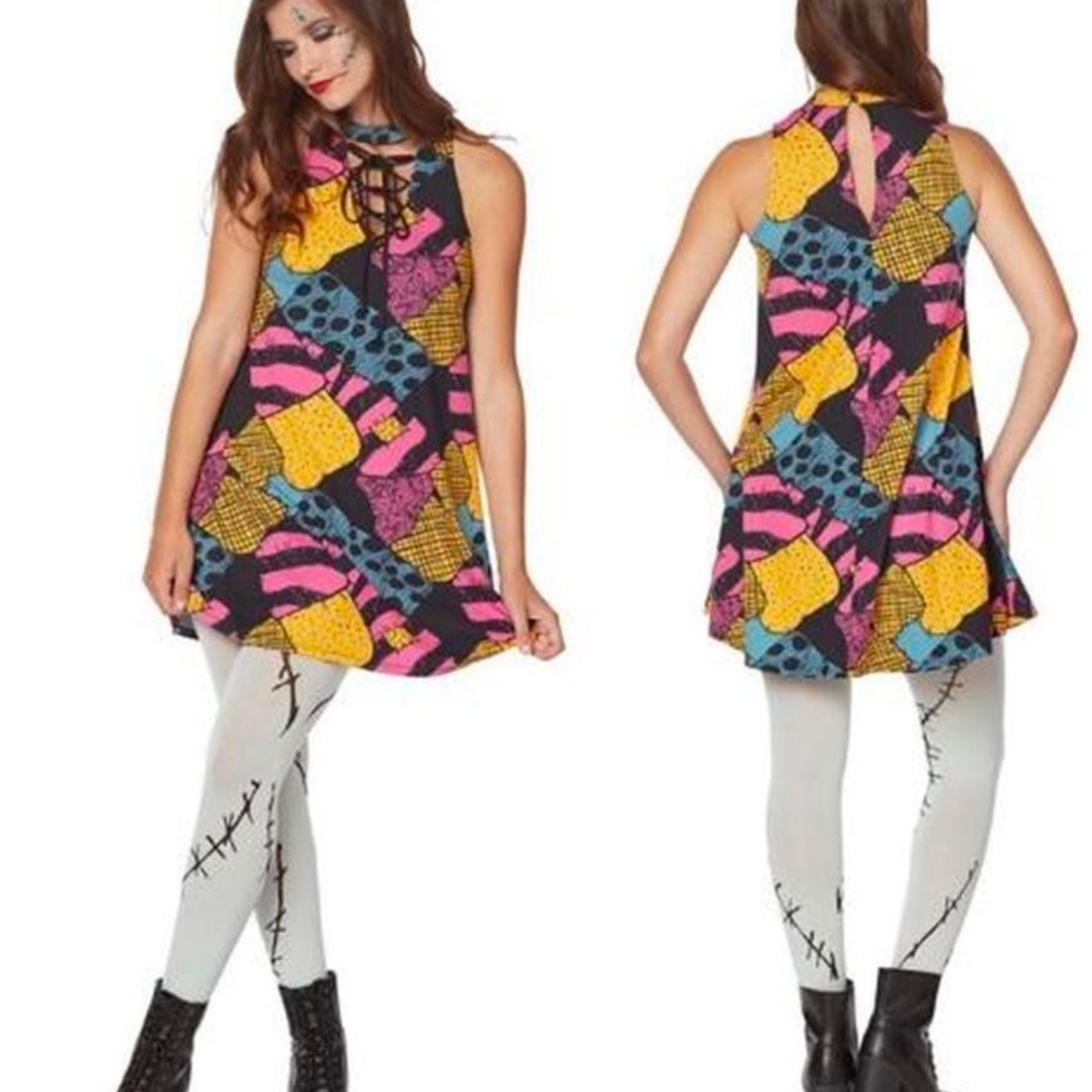 Spirit Halloween Disney NBC Adult Colorful Patchwork Sally Dress.